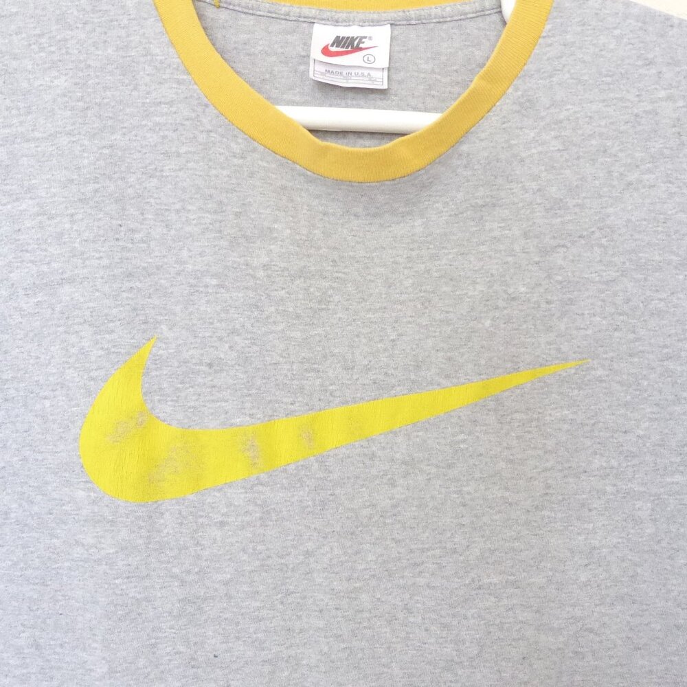 1990s Vintage Nike yellow swoosh logo and gray ringer t shirt size large